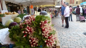 Store bunter av hvite og røde reddiker i forgrunnen.